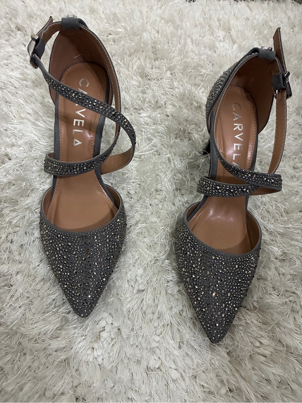 Carvela Grey Embellished Pointed Toe Ankle-Strap Heels